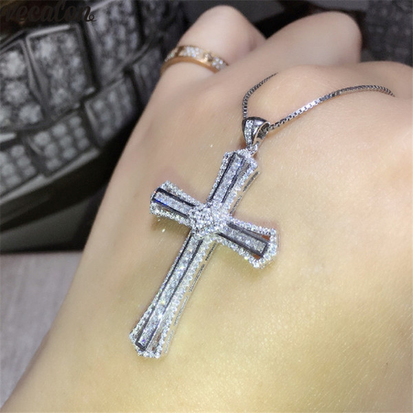 Vecalon 2019 Vintage Cross pendant 925 Sterling silver 5A Cz Stone cross Pendant necklace for Women Men Party Wedding Jewelry