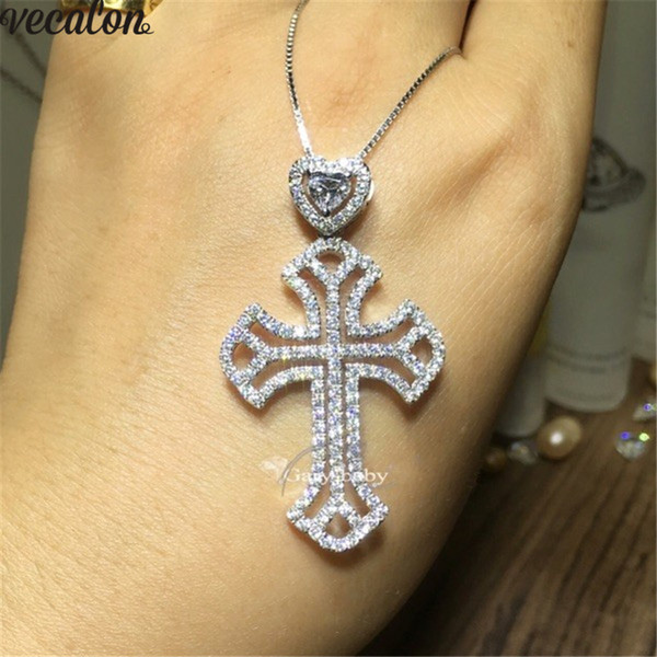 Vecalon Heart Lover Big Cross pendant 925 Sterling silver 5A Cz Stone cross Pendant necklace for Women Men Party Wedding Jewelry