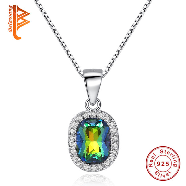 BELAWANG Sterling Silver Sparkling Green&Light Blue&Pink&Deep Blue Rhinestone Pendant Necklace 925 Crystal Jewelry Women Gift Wholesale