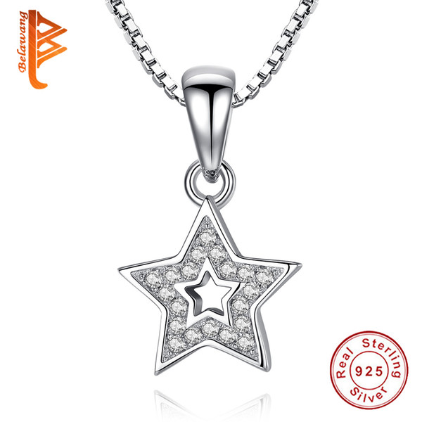 BELAWANG 925 Sterling Silver Star Openwork Pendant Necklace for Women Clear Zircon Chains Necklace Mother's Day Jewelry Gift