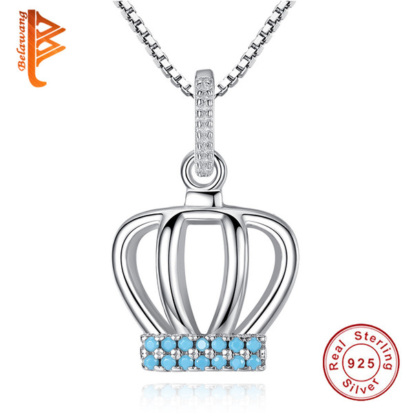 BELAWANG 100% Real 925 Sterling Silver Crystal Royal Crown Pendant Necklace for Women Silver Engagement Wedding Jewelry Gift