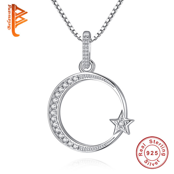 BELAWANG Authentic 925 Sterling Silver Crescent Moon & Star Shimmering Crystal Pendant Necklaces for Women Fashion Jewelry Gift