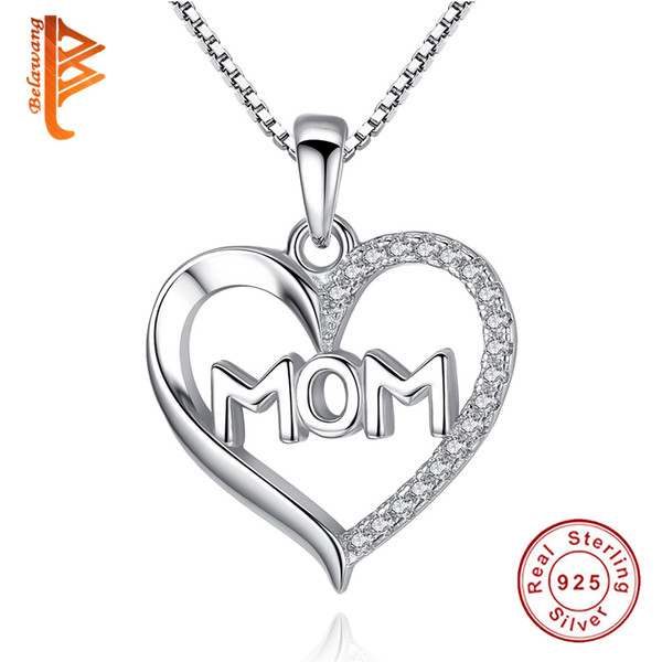 BELAWANG Real 925 Sterling Silver Crystal Love Heart & MAMA Pendant Necklace for Women Sterling Silver Jewelry Gift Mother's Day