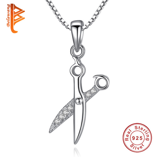 BELAWANG Unique 100% 925 Sterling Silver Scissors Pendant Necklace For Women Cubic Zirconia Necklaces Personalized Jewelry