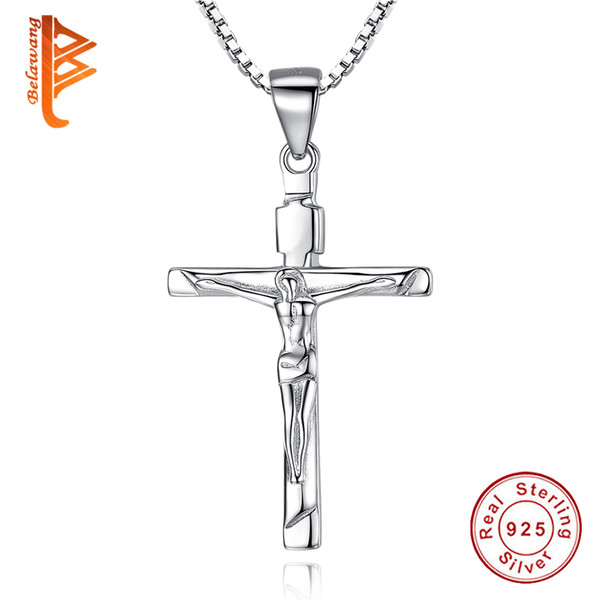 BELAWANG Genuine 925 Sterling Silver Christ Jesus Cross Pendant Necklace For Women 2018 Classic Jewelry Gift