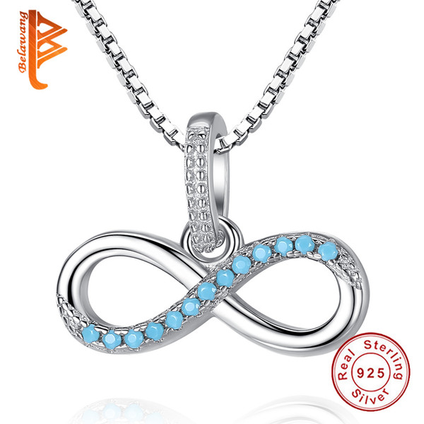 BELAWANG 100% 925 Sterling Silver Infinity Love Pendant Necklace for Women Blue Cubic Zircon Necklace Fashion Women Jewelry