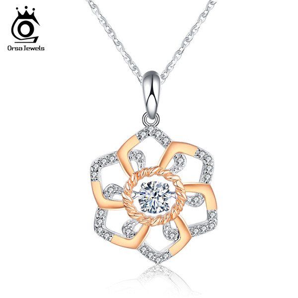 Genuine 925 Silver Cute Flower Pendant Necklace with 0.3ct Movable Shiny CZ mixed Rose Gold Color Necklaces SN13