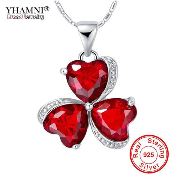 YHAMNI Luxury 100% 925 Sterling Silver Necklace New Fashion Jewelry Red Heart Crystal Clover Pendant Necklace For Women N880