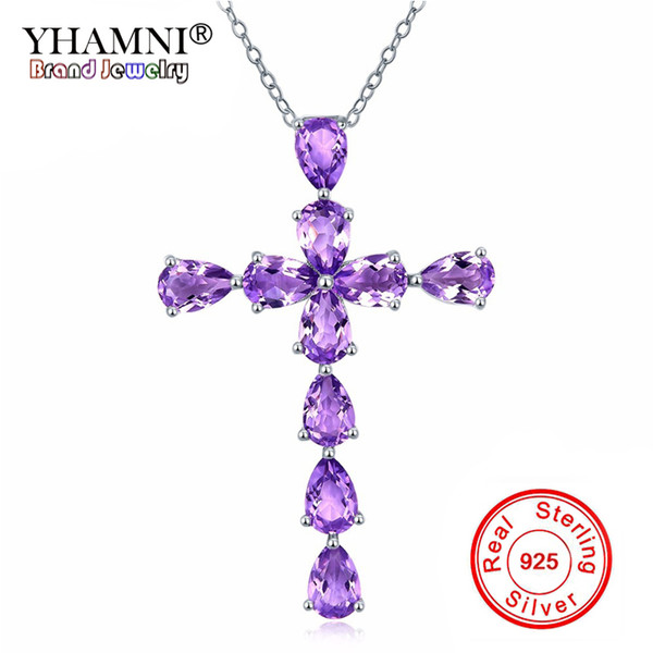 YHAMNI Fashion Purple Natural Amethyst CZ Zircon Cross Choker Necklaces Pendants 925 Sterling Silver Fine Jewelry ZD427