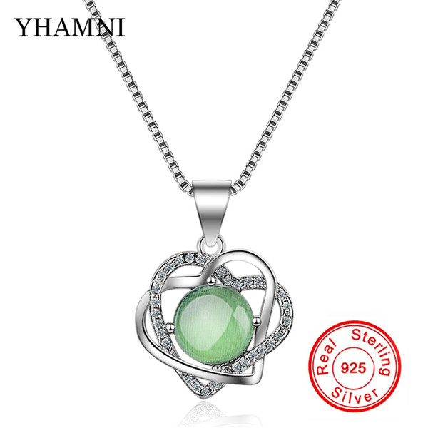 YHAMNI Fashion Jewelry 925 Sterling Silver Necklace Green Opal Round Pendant Necklace Jewelry Gift For Women XDZ288