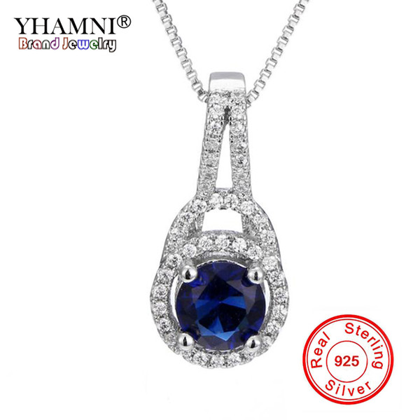 YHAMNI Original 100% 925 Sterling Silver Blue Gem CZ Zircon Pendant Necklace Fashion Wedding Jewelry Accessories YZD367