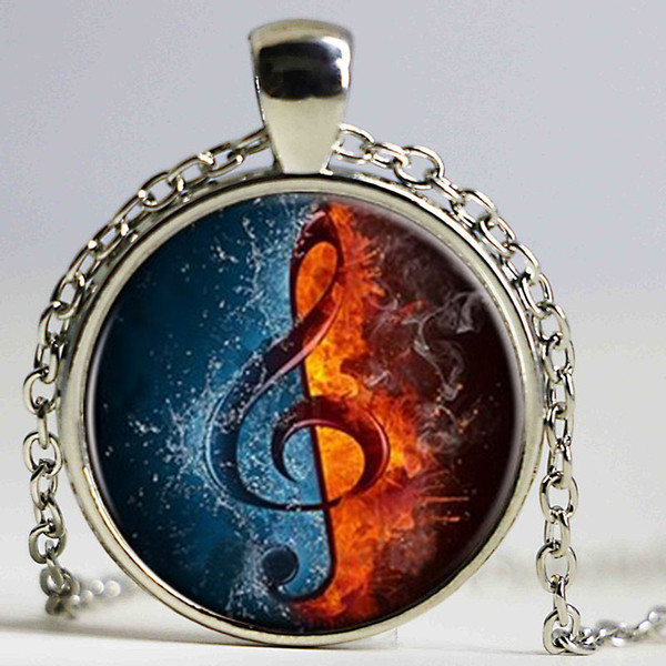 Free shipping fashion musical notes necklace music is one half water and one half fire Zinc alloy Glass pendant retro necklace