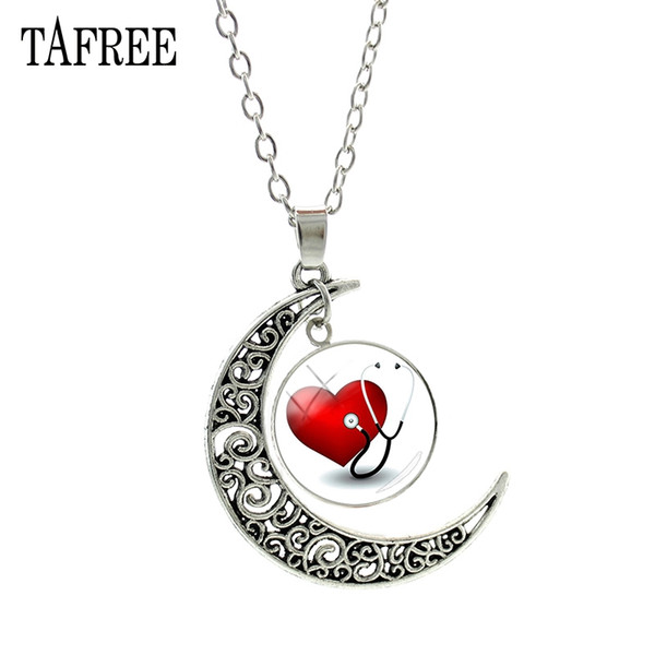 TAFREE Red Heart & Stethoscope Pendant Necklace New Creative Health Statement Necklaces Nurse Doctor Souvenir Badge Jewelry HL02