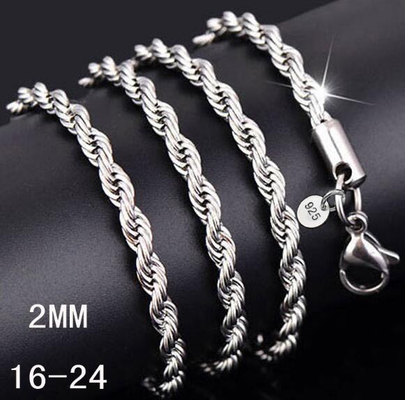 Top Quality 925 Sterling Silver Men Women Twist ROPE Chain Necklaces 2MM 16inch/18inch/20inch/22inch/24inch Fashion Accessories Gift