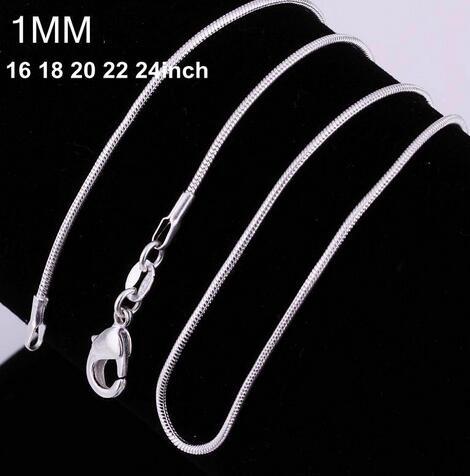 100pcs/lot High quality 925 Sterling Silver Charms Smooth Snake Chain Necklace 1MM 16 18 20 22 24 inches Fashion Jewelry Crafts Accessories