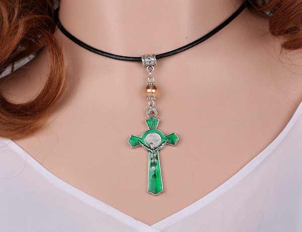 Vintage Silver Enamel Green Cristo Redentor St Saint Cross Charms Leather Necklaces Pendant Statement Choker For Women DIY Jewelry