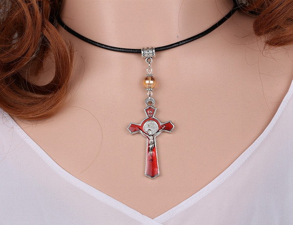 Vintage Silver Enamel Red Cristo Redentor St Saint Cross Charms Leather Necklaces Pendant Statement Choker For Women Gift Jewelry