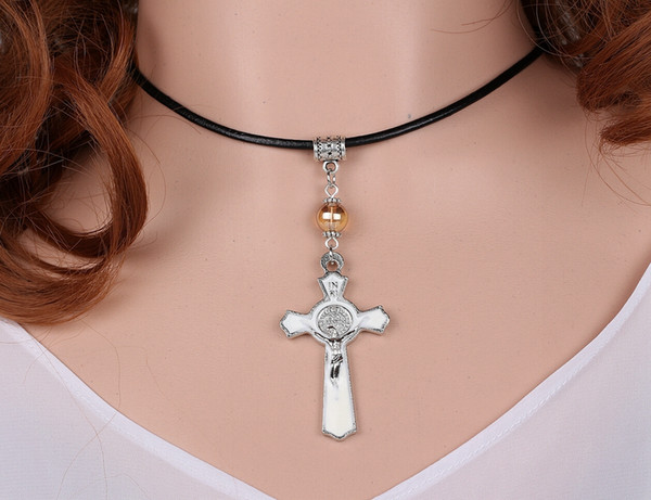 Vintage Silver Enamel White Cristo Redentor St Saint Cross Charms Leather Necklaces Pendant For Women Jewelry Girls Bijoux