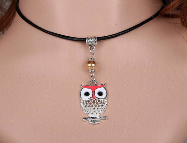 Vintage Silver Enamel Owl Necklaces Charms Black Leather Necklaces Pendant Collar Statement Choker Necklaces For Women DIY Jewelry 10pcs