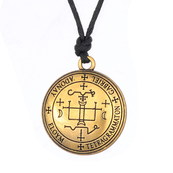 lemegeton Gold Stainless Steel Archangel Michael & Gabriel Enochian Talisman Amulet Angel Jewelry Tibetan Necklace Wax Cord Necklaces