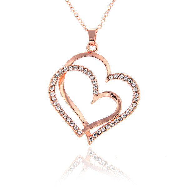 Top Quality Fashion Jewelry 18K rose gold/silver plated rhinestone crystal double heart pendant necklace valentine gift for women