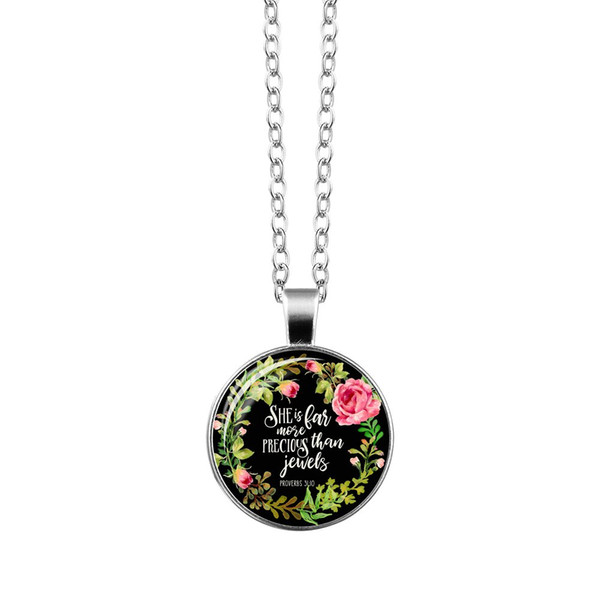 Vogue Silver Christian Bible Necklace Charms Bible Psalm Glass Flower Picture Pendant Women Celebrity Quotes Jewelry