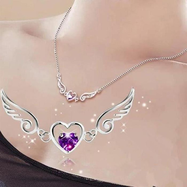 Wholesale S925 Silver Dream Angels Necklace Love Heart Necklace Wings Pendant Ladies Birthday Woman Gift Crystal Jewelry Women's Jewelry