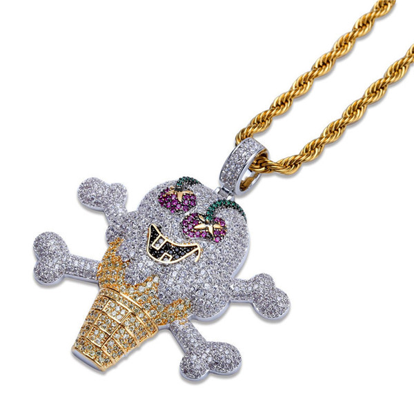 Cartoon Ice Cream Pendant Hip Hop Necklace Ice Out 24K Gold Plated Bling Cubic Zirconia Hiphop Jewlery For Men