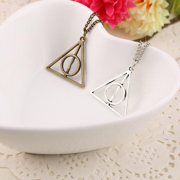 50pcs Harry Book The Deathly Hallows Necklace Antique Silver Bronze Gold Deathly Hallows Pendants Potter Fashion Jewelry Best Selling