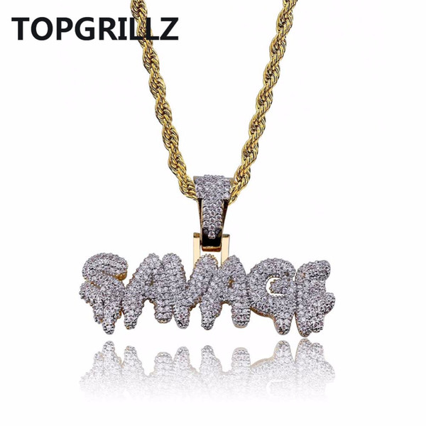 TOPGRILLZ Hip Hop Necklace Brass Gold Color Iced Out Micro Pave Cubic Zircon SAVAGE Pendant Necklace Charm For Men Gifts