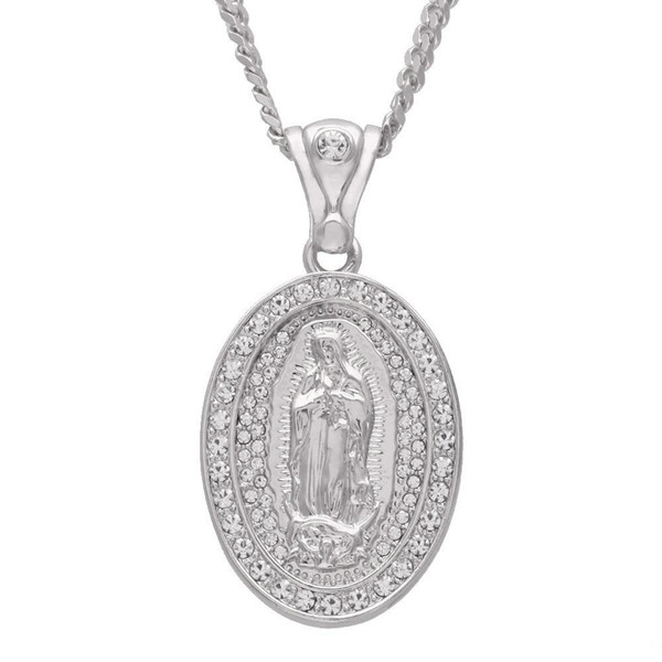 Iced Out Oval Virgin Mary Pendant Mens Hip hop Jewelry Alloy Bling Rhinestone Crystal Golden Silver Pendant Necklace Cuban Chain