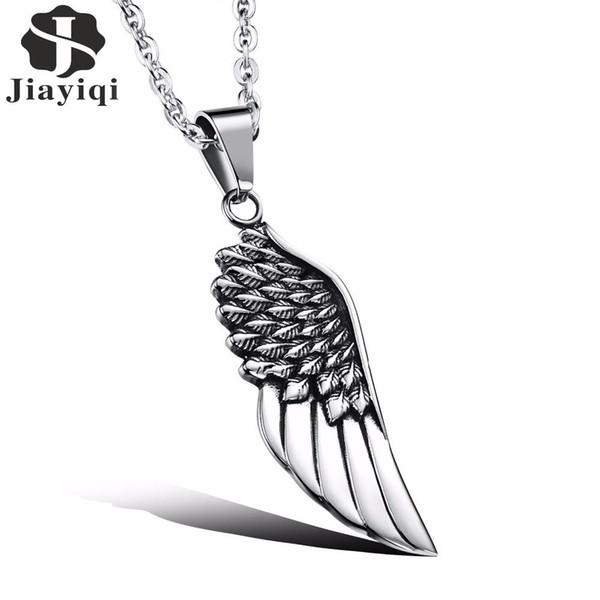 Jiayiqi Fashion Mens Necklaces Stainless Steel Vintage Gothic Feather Angel Wing Pendants Silver Plated Male Jewelry Accessories