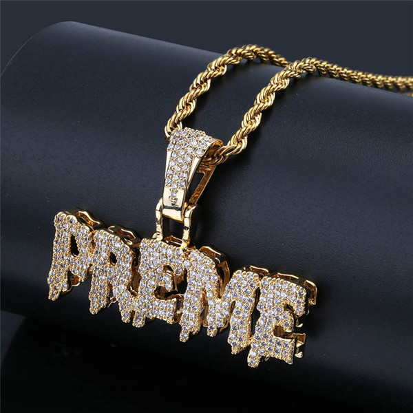 PREME Letter Pendant Necklace Iced Out Micro Paved CZ Stones Gold Silver Color Hip Hop Miami Cuban Chain Mens Jewelry Gift