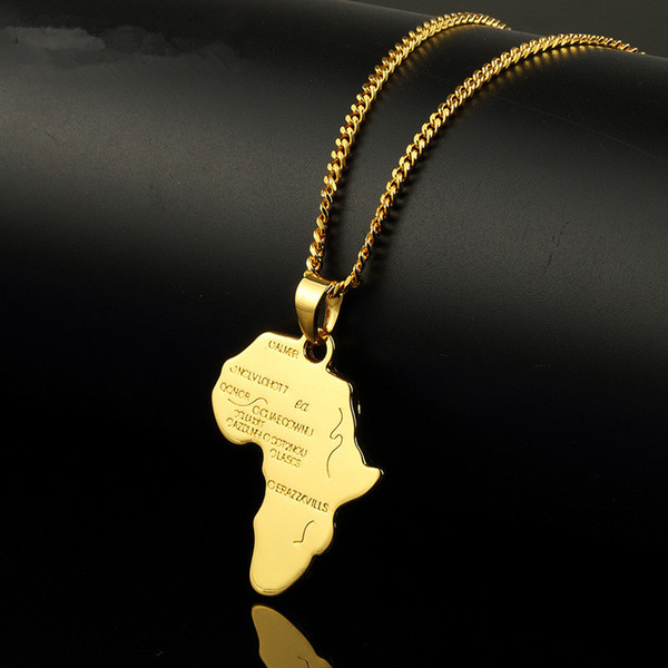 Trendy Men Gold Silver Africa Map Pendant Necklaces Fashion Jewelry for 18k Gold Plated 60cm Long Chain Micro Hip Hop Rock Mens