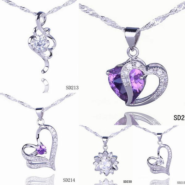 Solid 925 Silver Love Pendant Amethyst Crystal Charm Fit Necklace Jewelry 5pcs Mixed Style Free Shipping