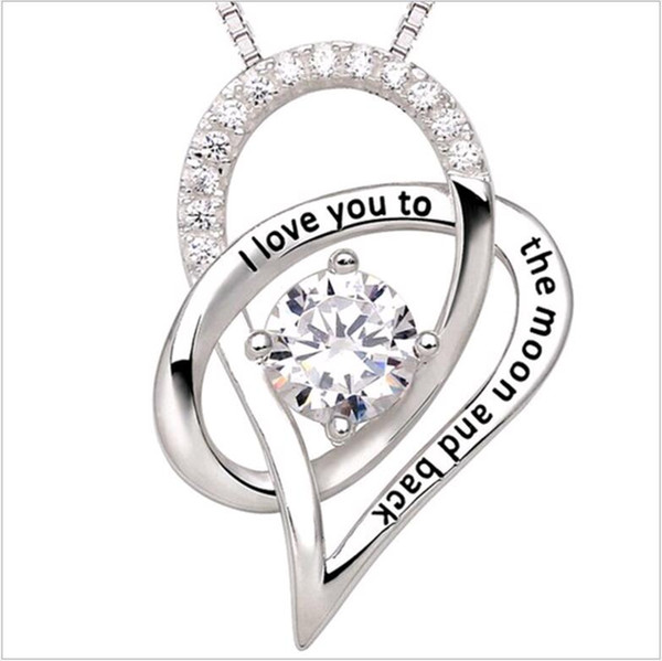 I Love You To The Moon and Back Mother Daughter Zircon Heart Shaped 925 Silver Pendant Necklace Jewelry