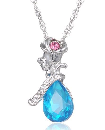 Newest 925 silver plated Trend Woman Necklace Angel Tears Shape Lmitation Crystal Rose Pendant Necklace Flower Jewelry