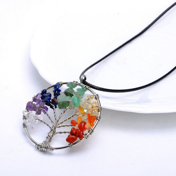 7 colors Tree of Life Healing Crystal Wire Wrap Natural Gemstone Pendant Necklace for birthday gift wholsale