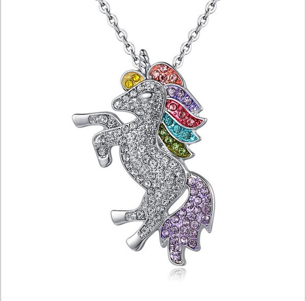 Wholesale Fashion Women Unicorn Horse Pendant Necklace Plating Chain Multicolour Crystal Choker Christmas Jewelry Lovely Gift Free Shipping