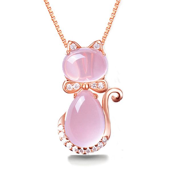 Free Shipping Rose Gold Color Cute Cat Ross Quartz Pink Opal S925 Jewelry Necklace for Women Girls Children Gift Choker