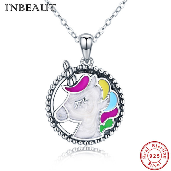 INBEAUT 925 Sterling Silver Exquisite Round Diverse Color Cute Little Unicorn Memory Pendant Necklace for Women Wedding Gift