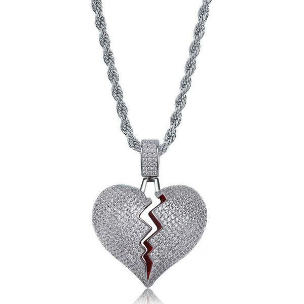 Hip Hop Solid Broken Heart Iced Out Pendant Necklace Charm For Men Women Gold Color Cubic Zircon Jewelry KKA2118