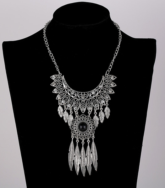 Luxury Vintage Silver Tassel Dangle Pendant Maxi Necklaces Women Big Gypsy Crystal Rhinestone Choker Statement Necklace HOT Sale 2017