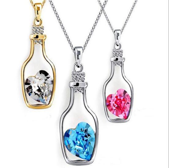 Unique Austrian Crystal Lover Necklace Crystal Hearts in Drifting Bottle Lucky Bottle Pendant Gold Silver Chains