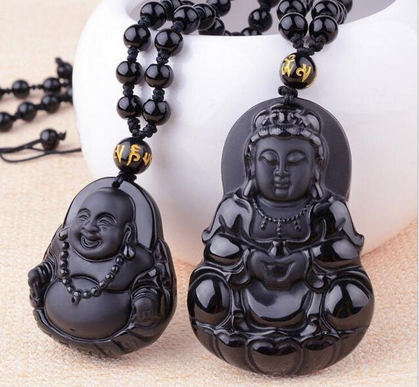 Wholesale - Natural Obsidian Guanyin Buddha Pendant Men&039;s Wear Guanyin Women&039;s Dai Buddha Couple Necklace National Wind Wholesalev