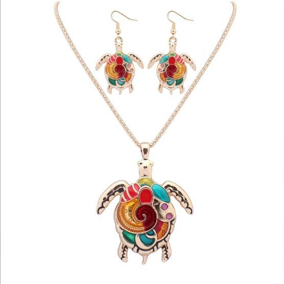 European Colorful Enamel Turtle Pendant Dangle Necklace Hook Earrings Sets Wholesale fit Blouse Garment Suit for Women Female Lady Girls