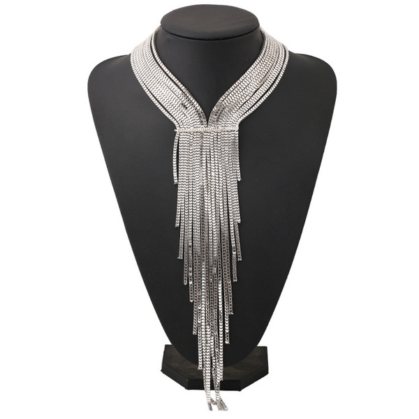 Silver Plated Tassel Necklace Women Luxury Multi Layer Vintage Bohemian Maxi Power Statement Crystal Long Pendent Necklaces Fashion Jewelry