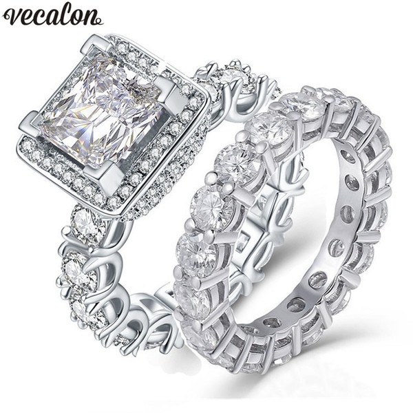 Vecalon Vintage Promise ring sets Full Diamonds Cz Stone 925 Sterling Silver Engagement wedding Band rings for women Men jewelry