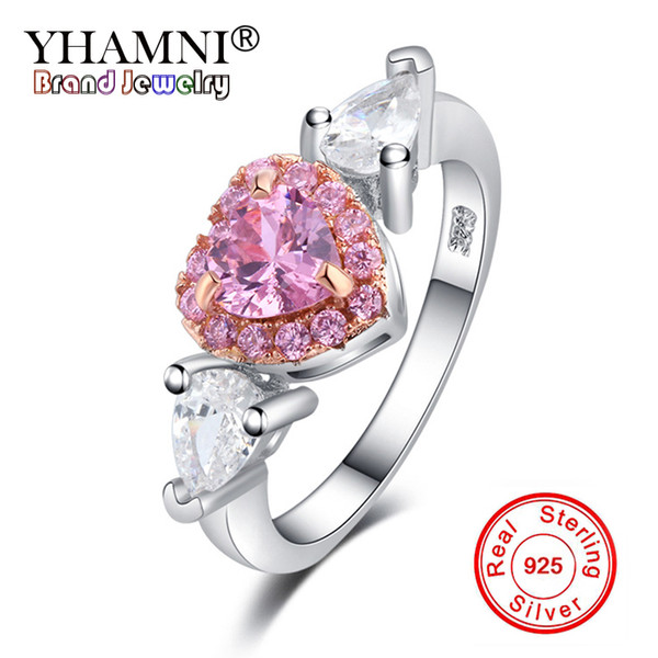 YHAMNI 100% 925 Sterling Silver Angel Wings Pink AAA CZ Zirconia Love Heart Wedding Jewelry Rings for Women Ring Gift YRA0226