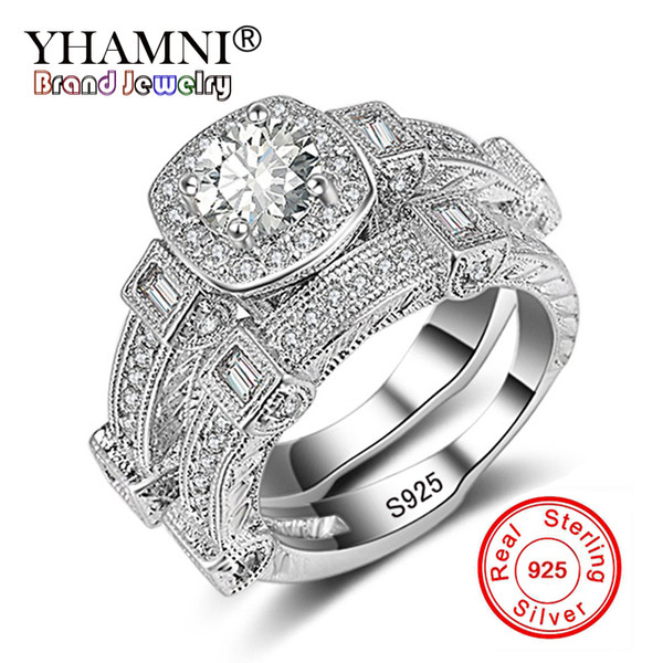 YHAMNI Fashion Jewelry Original Solid 925 Silver 2PCS Ring Set for Women Micro Inlay Cubic Diamond Band Wedding Rings Gift KR235